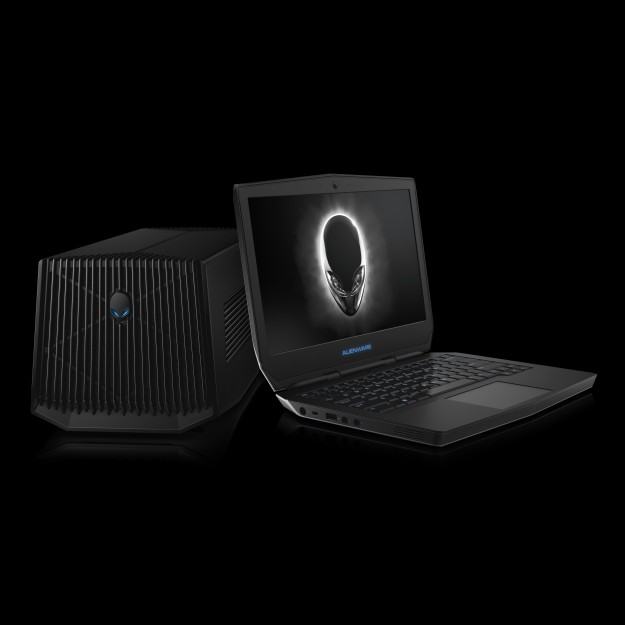 Dell Alienware 13 Non-Touch notebook computer with Alienware Graphics Amplifier (codename Caldera) external graphics processor docking peripheral, on a black background.
